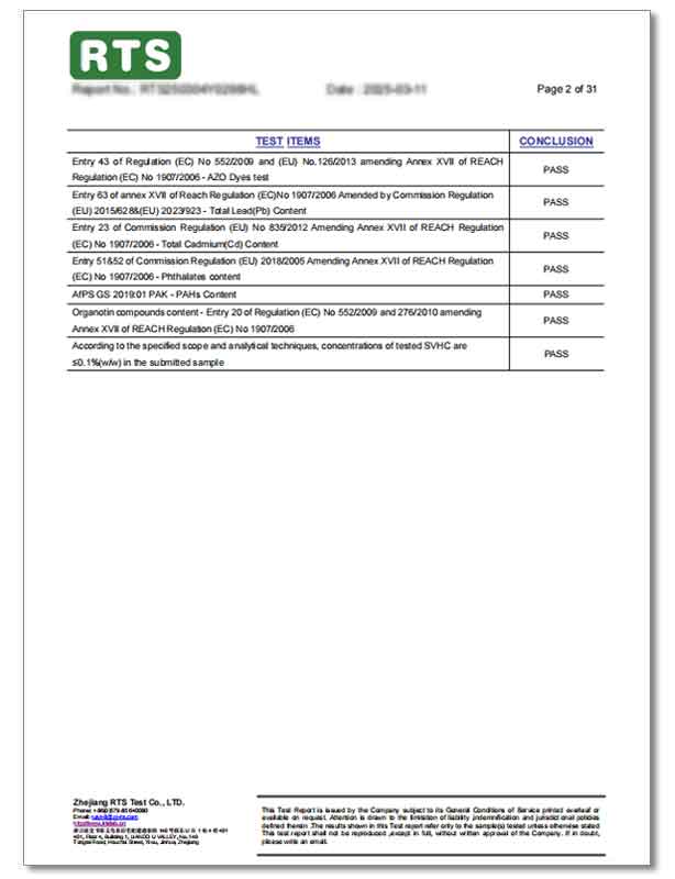 RTS test report for fleece waterproof picnic blanket heavy metal compliance